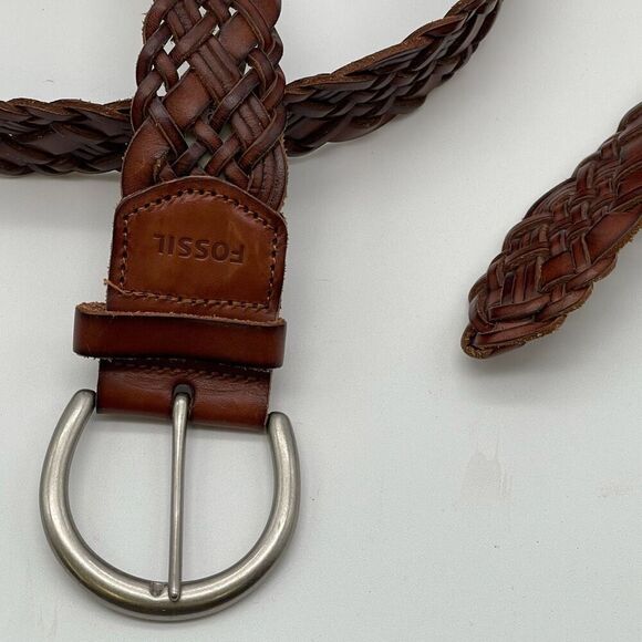 FOSSIL Belt Men’s Large Brown Genuine Leather Braided Waistband Made in China - Picture 2 of 15